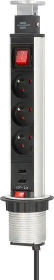 Brennenstuhl Multiprise TOWER POWER encastrable, 3 prises + 2 prises USB, avec interrupteur et 2m de câble H05VV-F 3G1,5