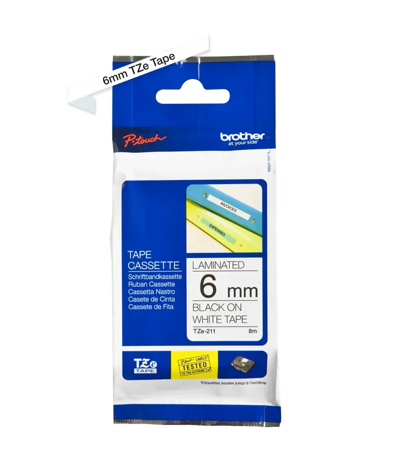 BROTHER P-TOUCH TZE-211 noir sur blanc 6mm