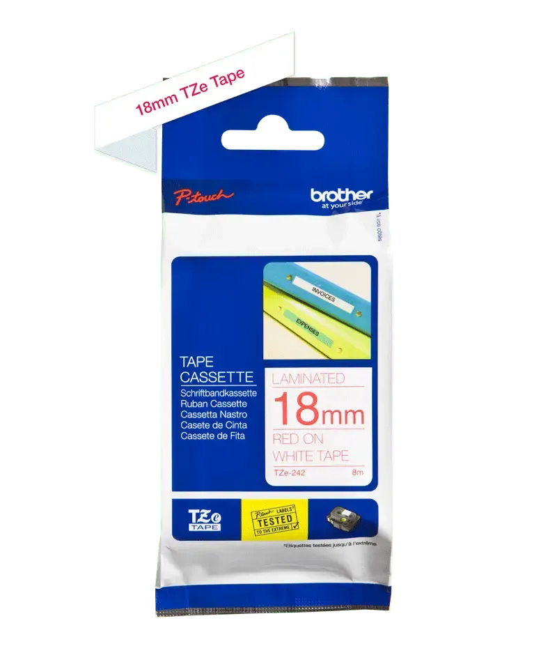 BROTHER P-TOUCH TZE-242 rouge sur blanc 18mm