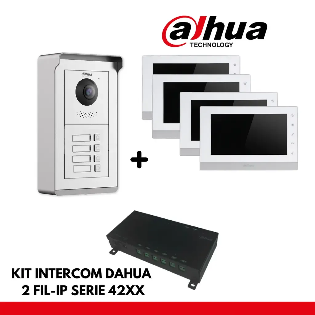 Dahua Appartement Set 4x Boutons Interface IP- 2 Fils - 24VDC + 4x Moniteur 7' Color - Montage en surface