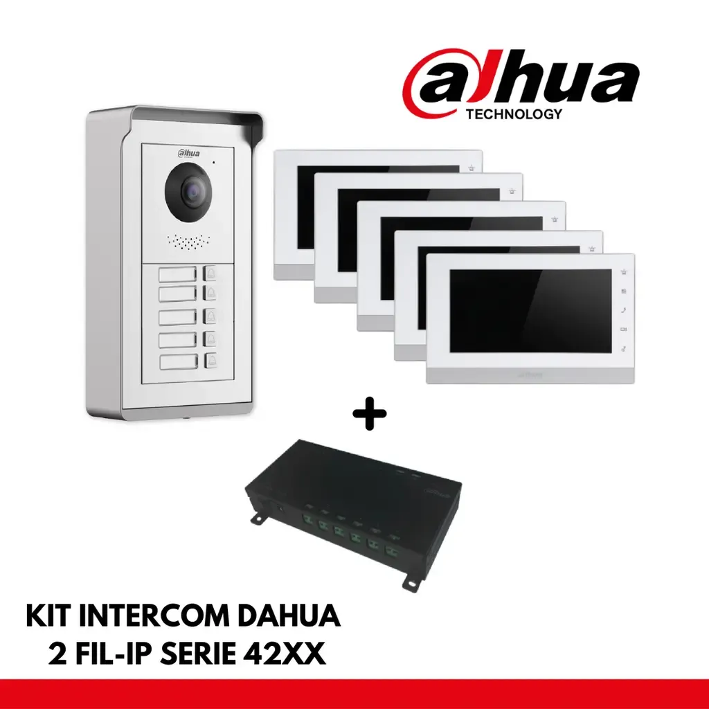 Dahua Appartement Set 4x Boutons Interface IP- 2 Fils - 24VDC + 5x Moniteur 7' Color - Montage en surface