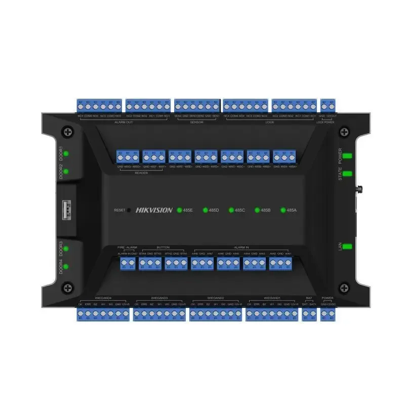 Hikvision DS-K2704X(P) Contrôleur d'accès Prend en charge le contrôle de 4 portes. Il peut gérer jusqu'à 62 modules d'accès DS-K2M002X et contrôler jusqu'à 128 portes.