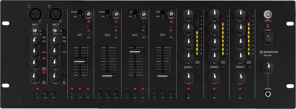 MPX-4PA Table de mixage 3 zones pour applications universelles multi-pieces.4 zones avec possibilite de routage au choix de tous les canaux d'entree2 entrees micro / ligne par prises combo4 entrees ligne stereo par prises RCA