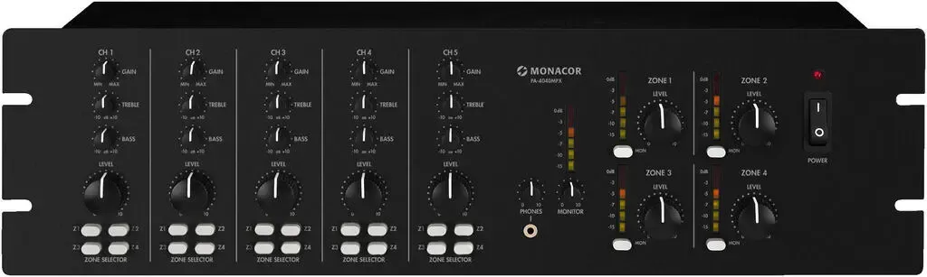 PA-4040MPX / MPX-4PA Table de mixage 4 zones pour applications universelles multi-pieces.4 zones avec possibilite de routage au choix de tous les canaux d'entree3 entrees micro / ligne par prises combo2 entrees ligne stereo par prises RCA