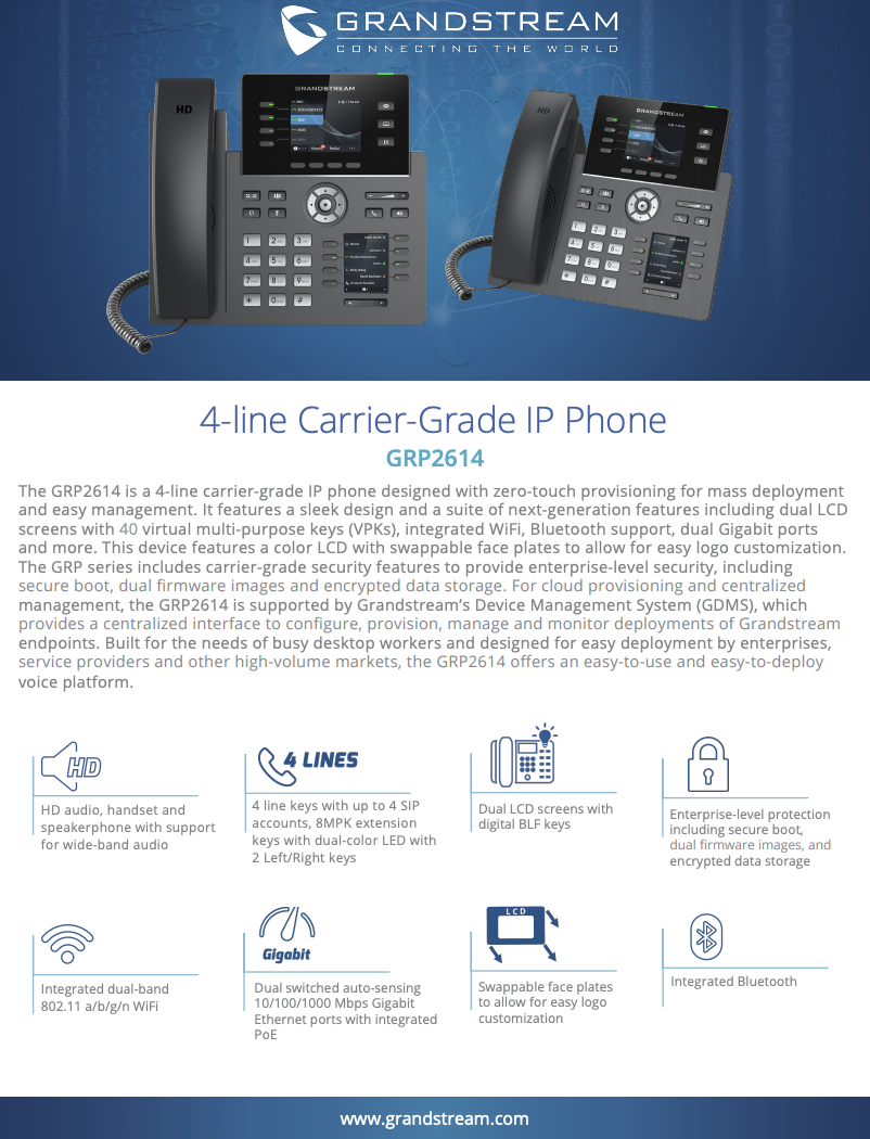 Téléphone IP Grandstream GRP2614 4 comptes SIP Gigabit PoE