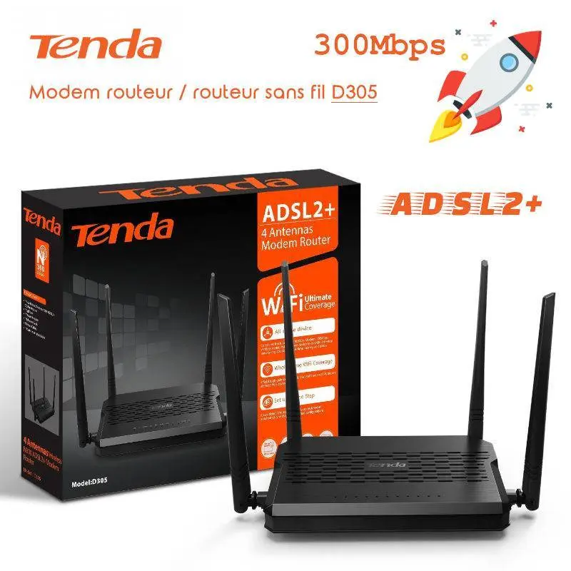 Tenda D305 Modem&Routeur Adsl2+ 300Mbps 4 Antennes