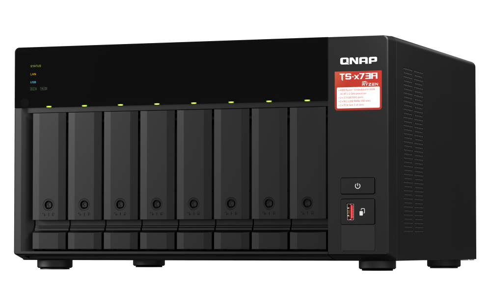 TS-873A Le NAS 2,5GbE AMD Ryzen™ quad-core 2,2 GHz prend en charge les SSD M.2 NVMe et l’extension PCIe pour ajouter une connectivité 10GbE à haut débit et un SSD M.2 ; double système d’exploitation QTS et QuTS hero pour une plus grande flexibilité